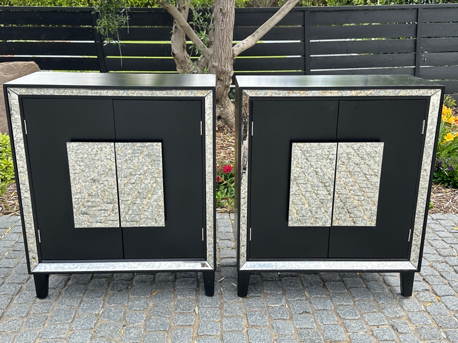 Pair Of Black Wooden And Antique Mirrored Cabinets 27.5W X 14D X 33H [Photo 2]