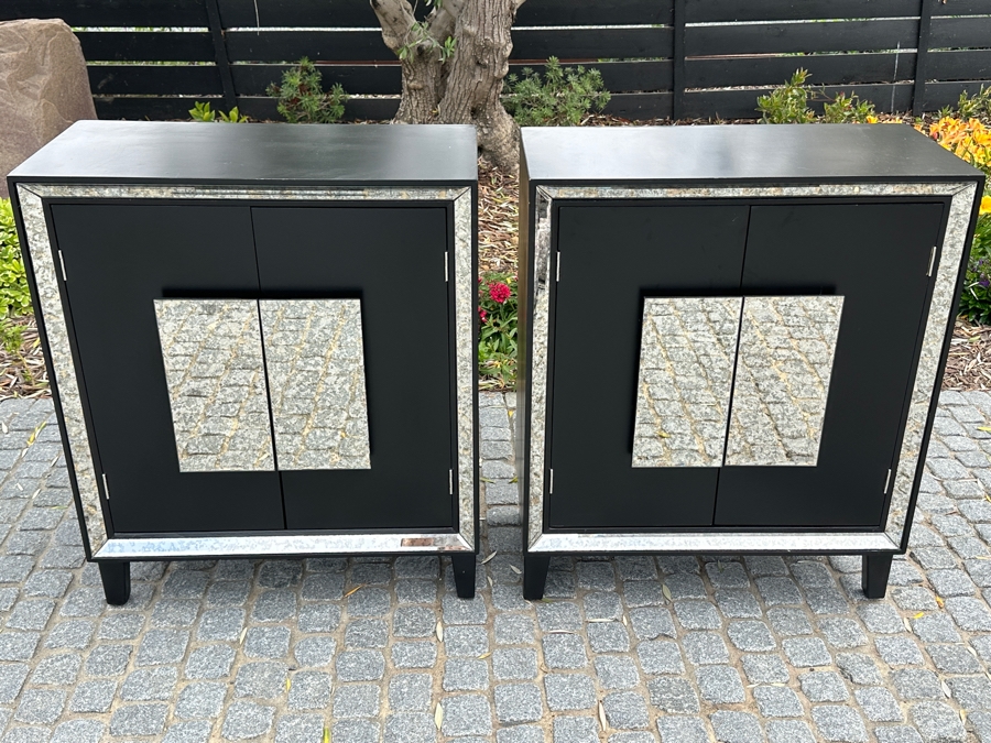 Pair Of Black Wooden And Antique Mirrored Cabinets 27.5W X 14D X 33H [Photo 3]