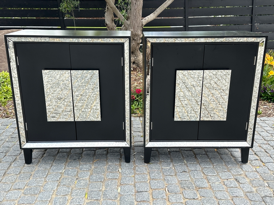 Pair Of Black Wooden And Antique Mirrored Cabinets 27.5W X 14D X 33H [Photo 1]
