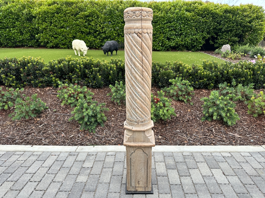 Vintage Indonesian Wooden Hand Carved Architectural Column With Metal Stand 5'H