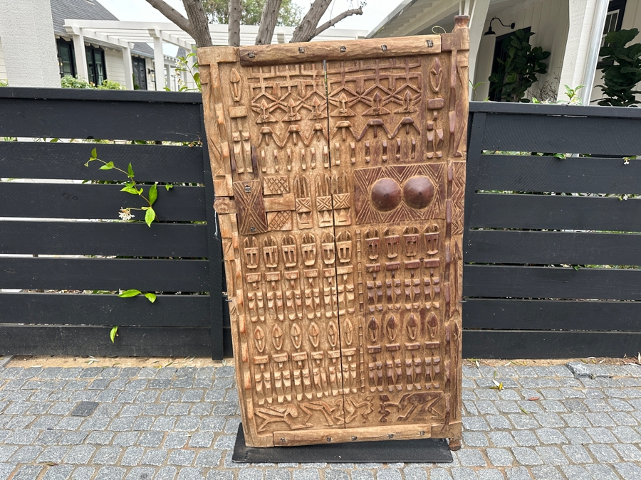 Vintage Hand Carved African Woodend Dogon Door With Custom Metal Stand For Display 28'W X 51.5'H [Photo 2]
