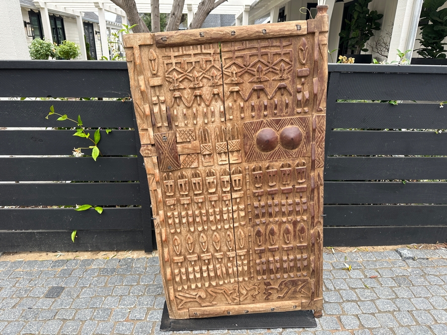 Vintage Hand Carved African Woodend Dogon Door With Custom Metal Stand For Display 28'W X 51.5'H