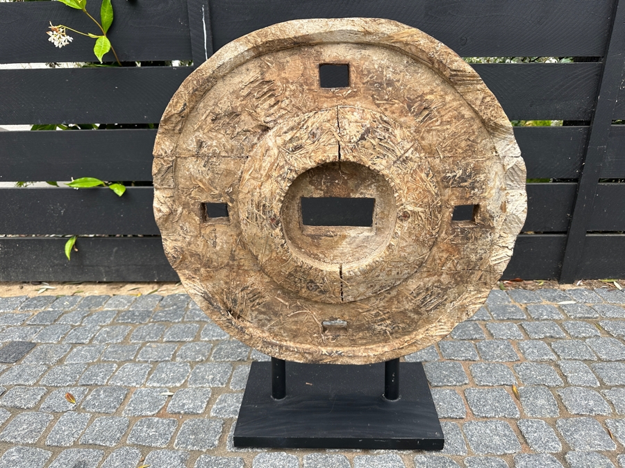 Wooden Wheel Sculpture With Display Stand 26H
