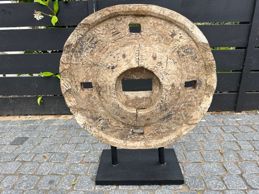 Wooden Wheel Sculpture With Display Stand 26H