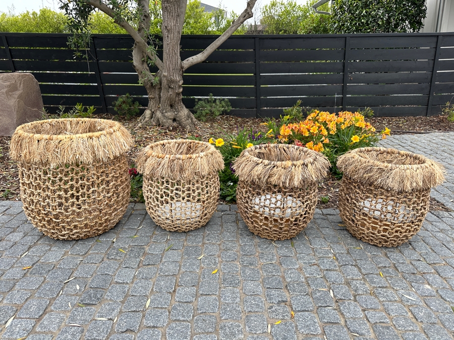 Four Tiki Style Woven Baskets 21'H & 17'H