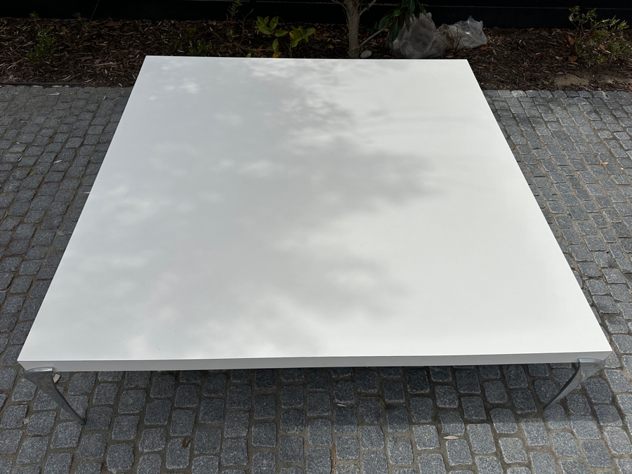 Modernist White Coffee Table With Metal Legs 5'W X 5'D X 16.5'H [Photo 5]