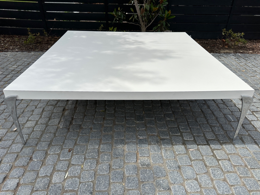Modernist White Coffee Table With Metal Legs 5'W X 5'D X 16.5'H [Photo 4]