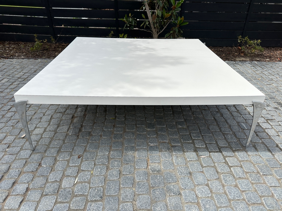 Modernist White Coffee Table With Metal Legs 5'W X 5'D X 16.5'H
