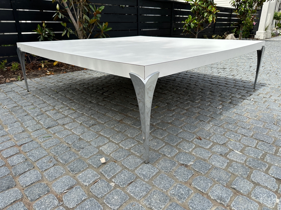 Modernist White Coffee Table With Metal Legs 5'W X 5'D X 16.5'H [Photo 3]