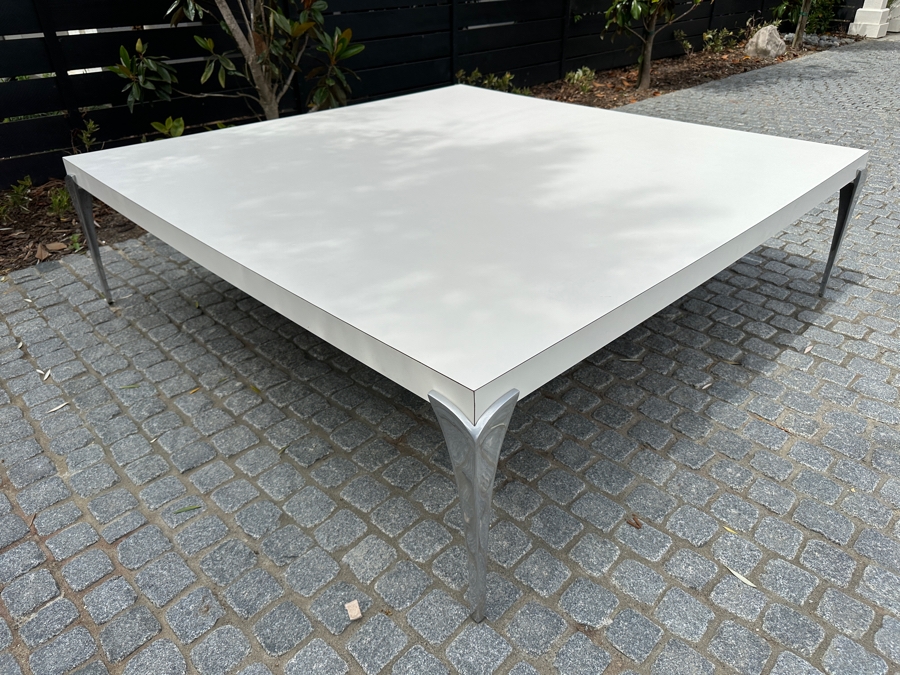 Modernist White Coffee Table With Metal Legs 5'W X 5'D X 16.5'H [Photo 6]