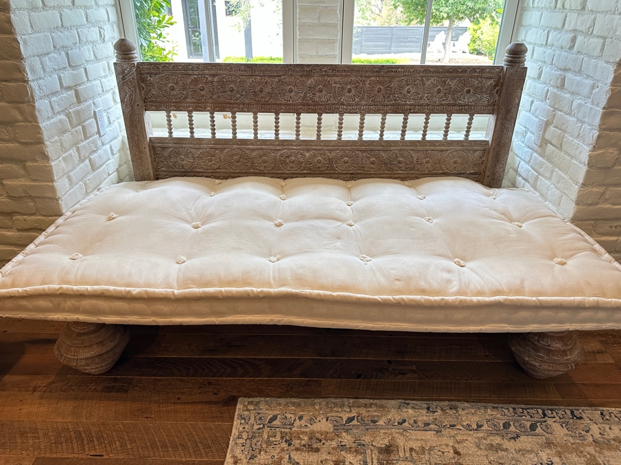 Stunning Hand Carved Wooden Indonesian Bench Settee 72.5'W