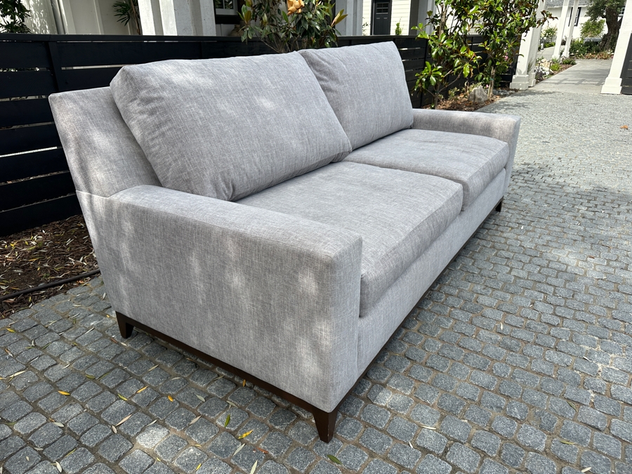 Contemporary Upholstered 2-Cushion Sofa With Wooden Base 91'W X 42'D X 38'H (Photo Shows Reflection Of Sunlight Through The Trees) [Photo 3]