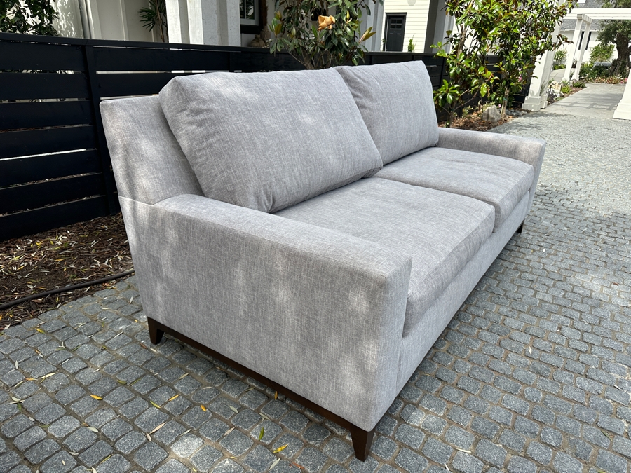 Contemporary Upholstered 2-Cushion Sofa With Wooden Base 91'W X 42'D X 38'H (Photo Shows Reflection Of Sunlight Through The Trees) [Photo 4]