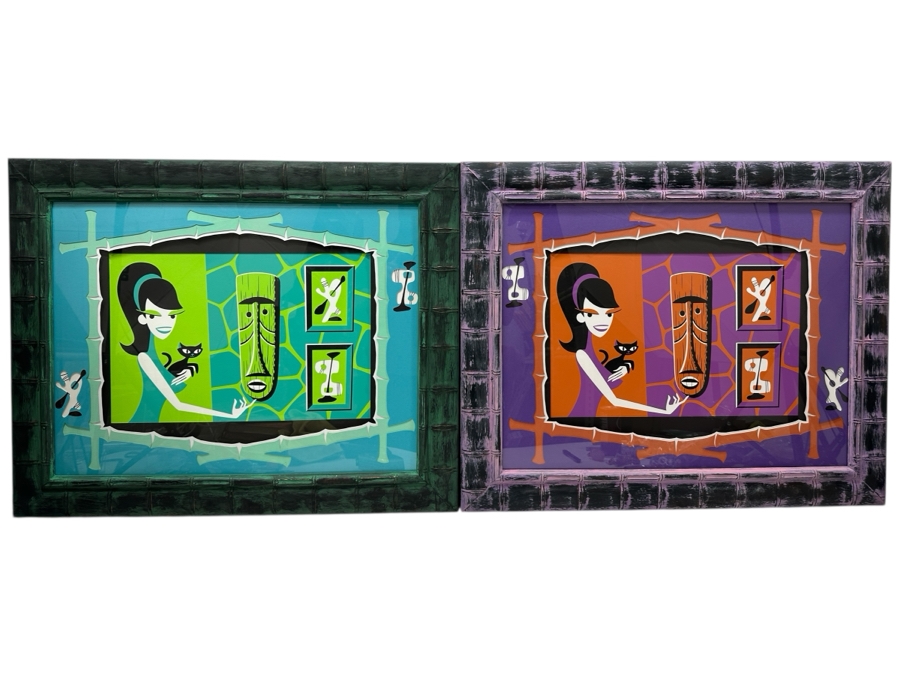 Pair Of Shag (Josh Agle) Limited Edition Three Color Tiki Serigraphs Numbered 10 Of 50 From The Maka Maka Mask And Print Design And Professionally Framed By Link David (FrameFetish.com) 17 X 12 Framed 30 X 24.5