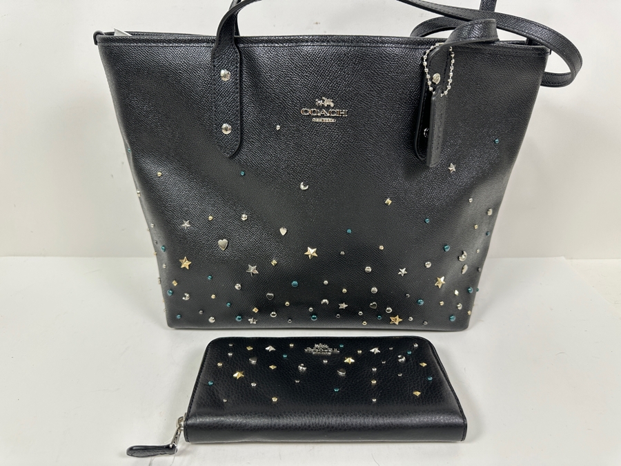 Just Added - Coach Black Tote Handbag With New Matching Coach Wallet 15W X 10H [Photo 2]