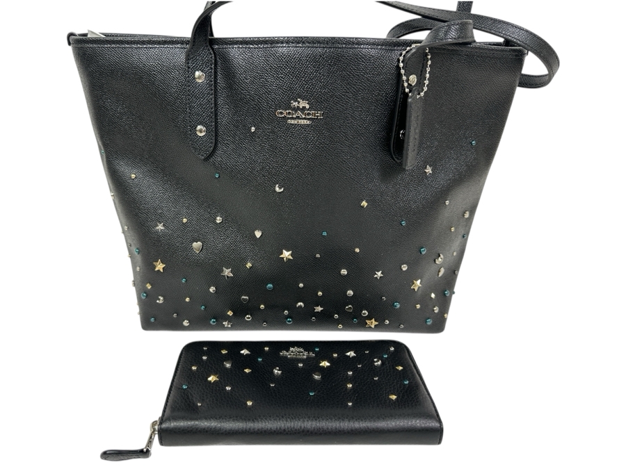 Just Added - Coach Black Tote Handbag With New Matching Coach Wallet 15W X 10H