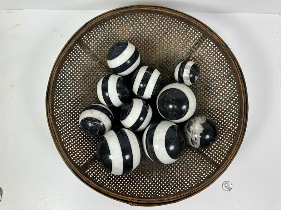 Just Added - Large Woven 17'W Basket Filled With (10) Stone Spheres Balls [Photo 4]