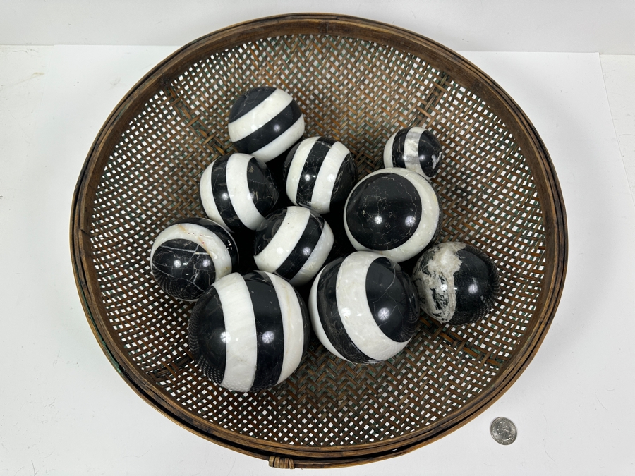 Just Added - Large Woven 17'W Basket Filled With (10) Stone Spheres Balls [Photo 3]