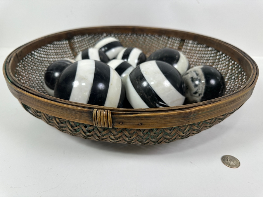 Just Added - Large Woven 17'W Basket Filled With (10) Stone Spheres Balls [Photo 10]