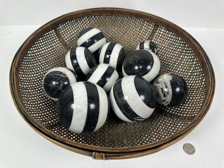 Just Added - Large Woven 17'W Basket Filled With (10) Stone Spheres Balls [Photo 2]