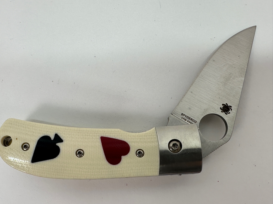 Just Added - Spyderco A. T. Barr One-Eyed Jack Folding Pocket Knife 2.49' CPM S30V With Ivory Heart/Spade Inlay Handle Retails $379 [Photo 3]