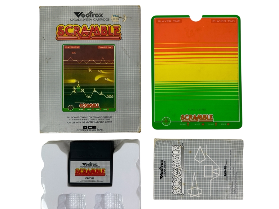 Vintage 1982 Vectrex Scramble Arcade System Video Game Cartridge With Original Box, Screen Overlay & Instruction Manual - Vectrex Was The Only Home Market Vector Display-Based Stand Alone Gaming Platform