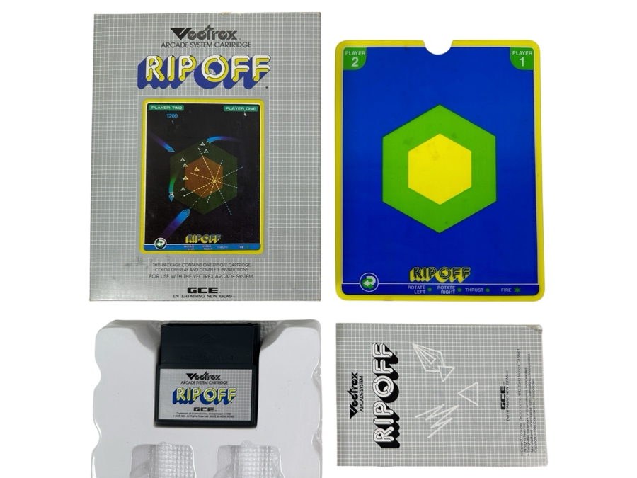 Vintage 1982 Vectrex Rip Off Arcade System Video Game Cartridge With Original Box, Screen Overlay & Instruction Manual - Vectrex Was The Only Home Market Vector Display-Based Stand Alone Gaming Platform