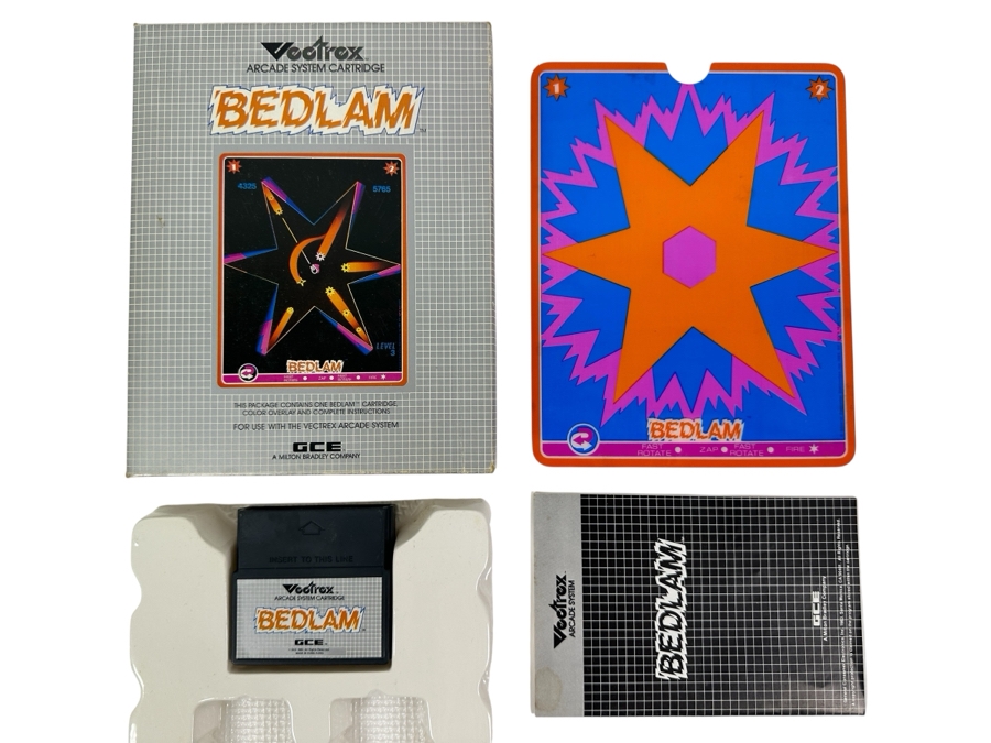 Vintage 1983 Vectrex Bedlam Arcade System Video Game Cartridge With Original Box, Screen Overlay & Instruction Manual - Vectrex Was The Only Home Market Vector Display-Based Stand Alone Gaming Platform