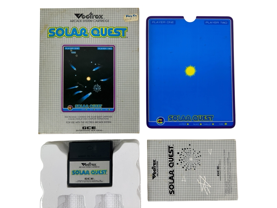 Vintage 1982 Vectrex Solar Quest Arcade System Video Game Cartridge With Original Box, Screen Overlay & Instruction Manual - Vectrex Was The Only Home Market Vector Display-Based Stand Alone Gaming Platform