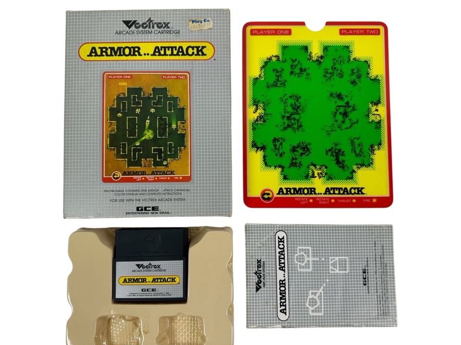 Vintage 1982 Vectrex Armor .. Attack Arcade System Video Game Cartridge With Original Box, Screen Overlay & Instruction Manual - Vectrex Was The Only Home Market Vector Display-Based Stand Alone Gaming Platform