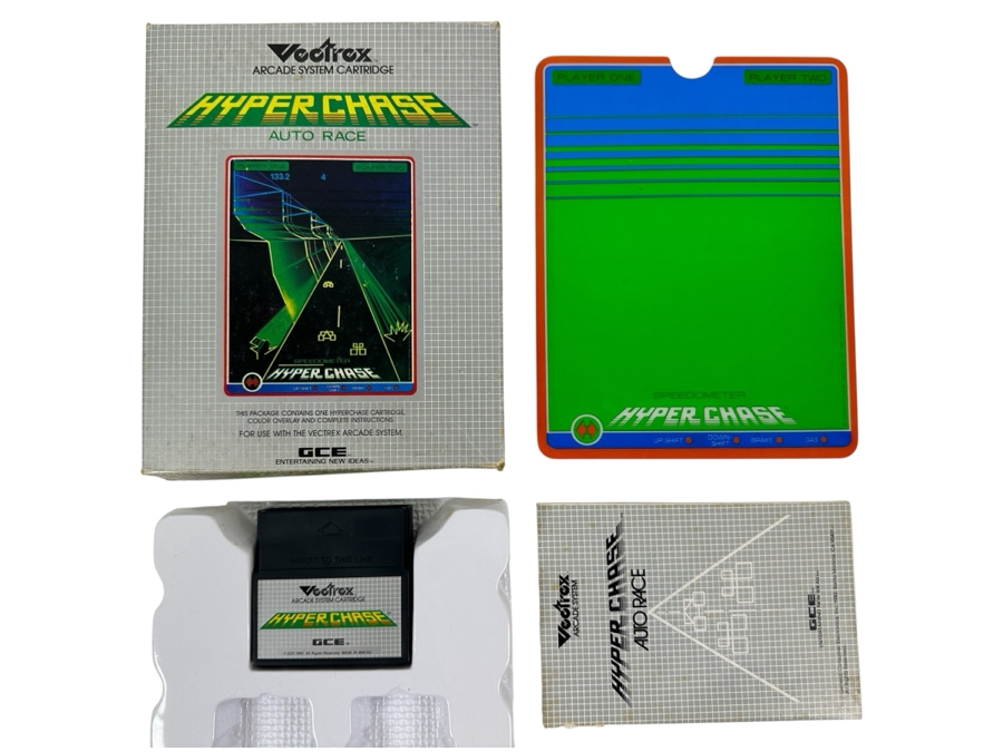 Vintage 1982 Vectrex Hyper Chase Arcade System Video Game Cartridge With Original Box, Screen Overlay & Instruction Manual - Vectrex Was The Only Home Market Vector Display-Based Stand Alone Gaming Platform