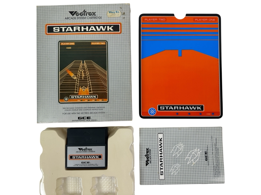Vintage 1982 Vectrex Starhawk Arcade System Video Game Cartridge With Original Box, Screen Overlay & Instruction Manual - Vectrex Was The Only Home Market Vector Display-Based Stand Alone Gaming Platform