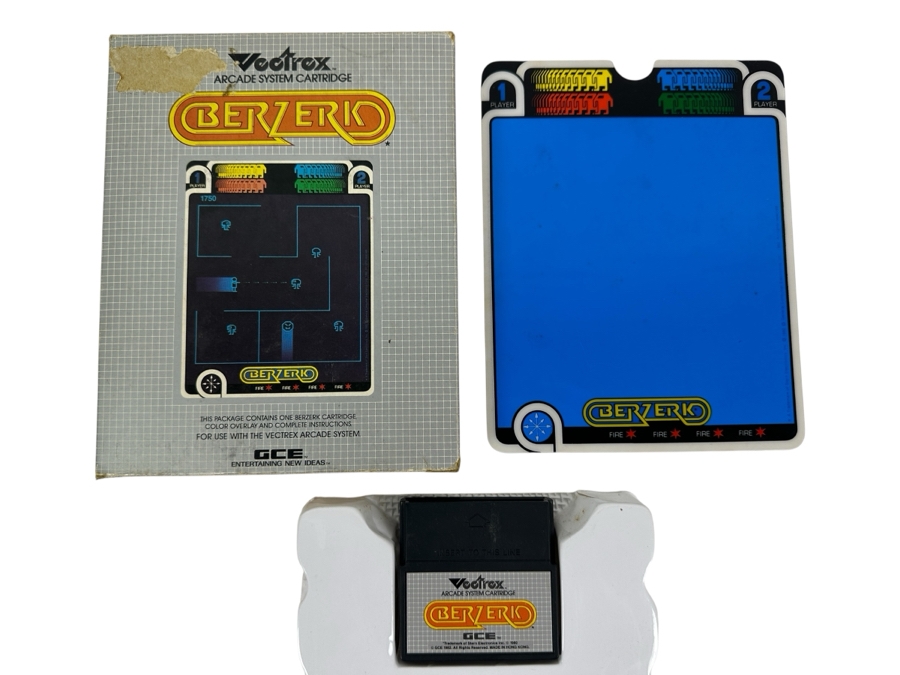 Vintage 1982 Vectrex Berzerk Arcade System Video Game Cartridge With Original Box, Screen Overlay & Instruction Manual - Vectrex Was The Only Home Market Vector Display-Based Stand Alone Gaming Platform