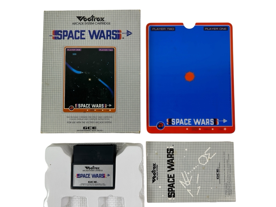 Vintage 1982 Vectrex Space Wars Arcade System Video Game Cartridge With Original Box, Screen Overlay & Instruction Manual - Vectrex Was The Only Home Market Vector Display-Based Stand Alone Gaming Platform