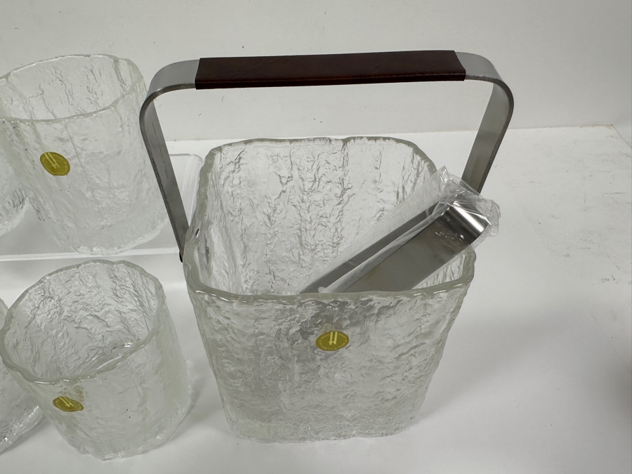 Vintage Glacier Textured Glass Ice Bucket With Four Old Fashioned Icicle Tumblers Glasses Made In Japan By The Hoya Corporation [Photo 9]