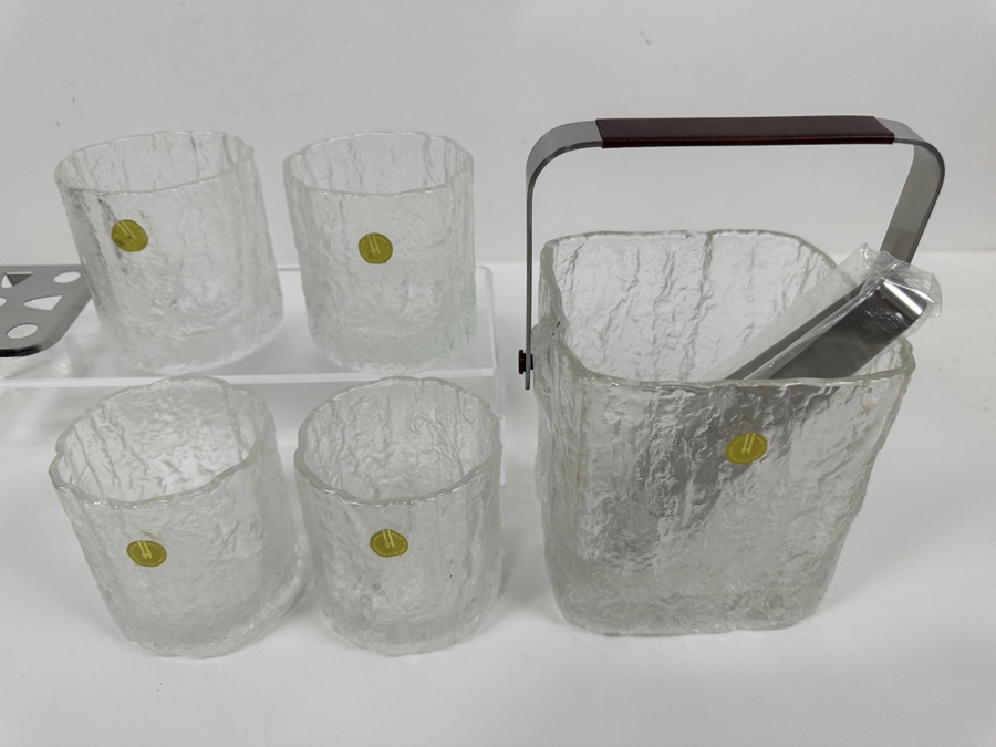 Vintage Glacier Textured Glass Ice Bucket With Four Old Fashioned Icicle Tumblers Glasses Made In Japan By The Hoya Corporation [Photo 6]