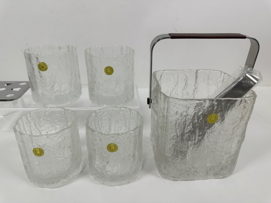 Vintage Glacier Textured Glass Ice Bucket With Four Old Fashioned Icicle Tumblers Glasses Made In Japan By The Hoya Corporation [Photo 2]