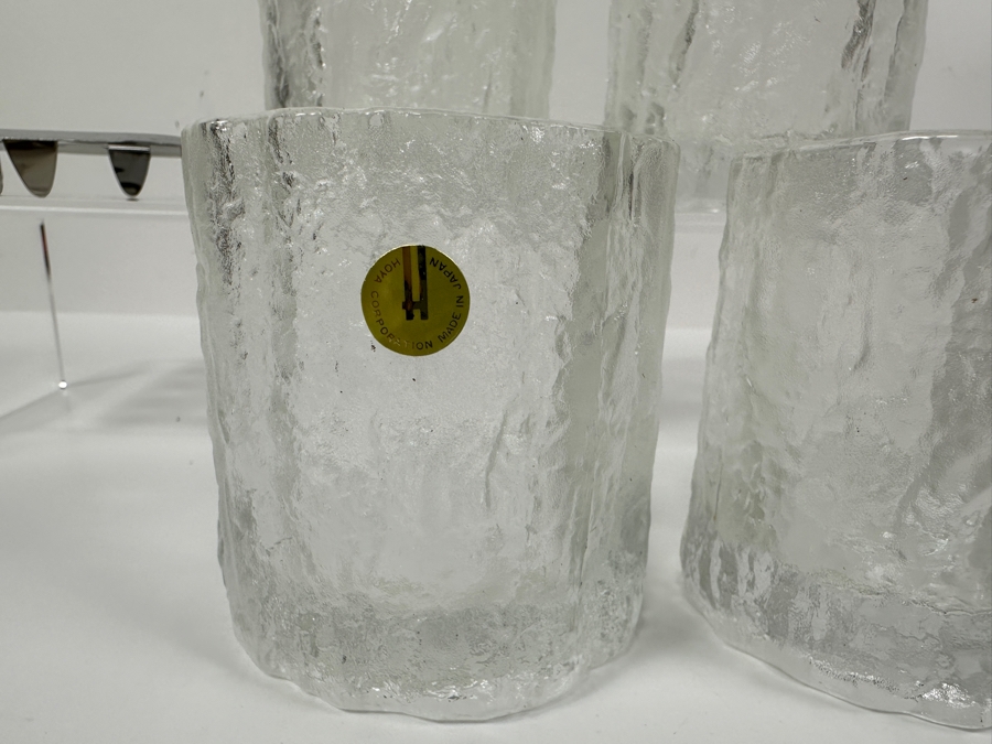 Vintage Glacier Textured Glass Ice Bucket With Four Old Fashioned Icicle Tumblers Glasses Made In Japan By The Hoya Corporation [Photo 3]