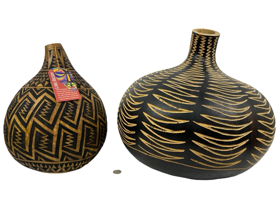 Pair Of Large African Kenya Carved Gourds 14H [Photo 1]