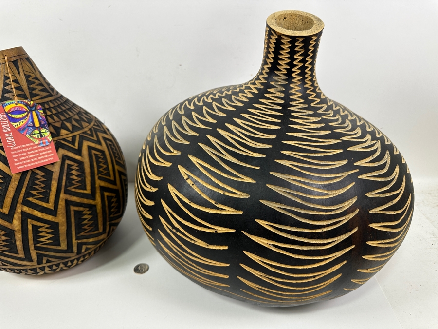 Pair Of Large African Kenya Carved Gourds 14H [Photo 3]