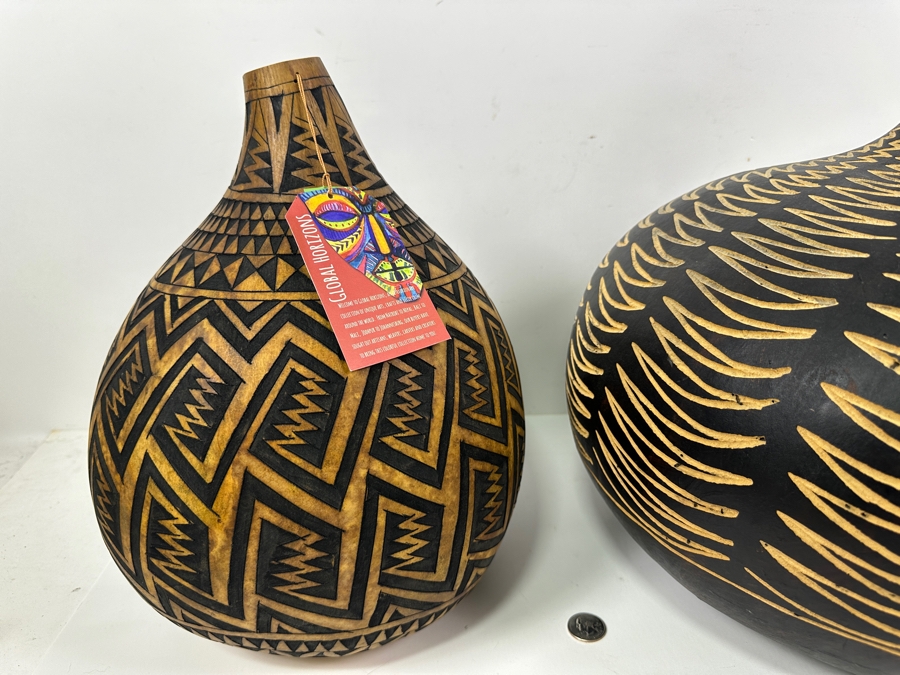 Pair Of Large African Kenya Carved Gourds 14H [Photo 4]