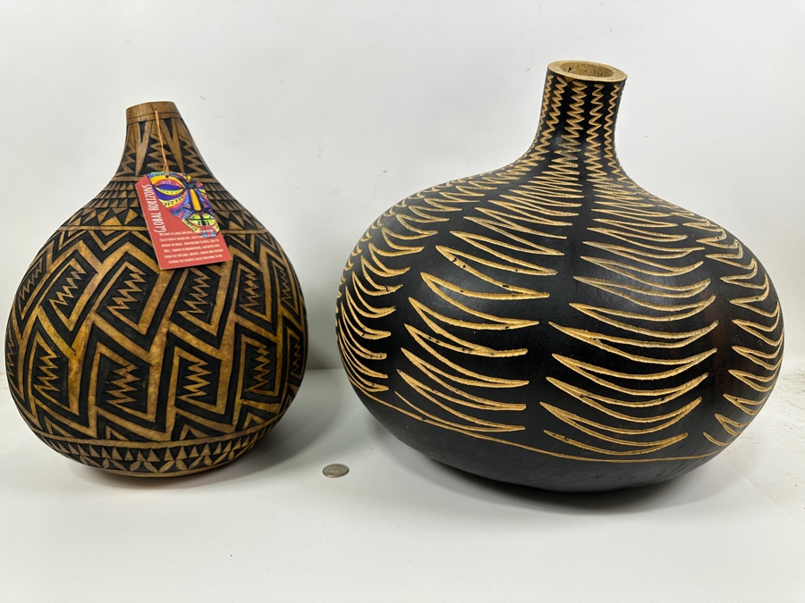 Pair Of Large African Kenya Carved Gourds 14H [Photo 2]