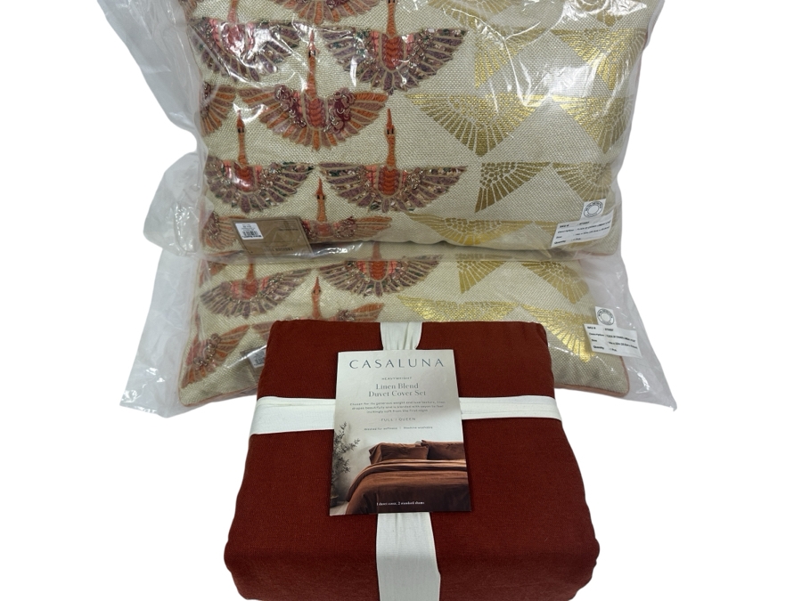 New Casaluna Heavyweight Linen Blend Full/Queen Duvet Cover Set with (2) World Market Bird Throw Pillows 