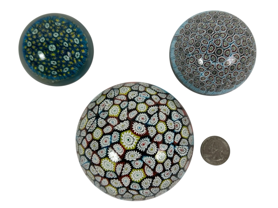 (3) Murano Italy Millefiori Art Glass Paperweights