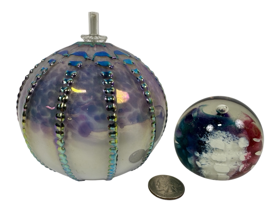Stuart Abelman Studio Art Glass Iridescent Oil Lamp And Paperweight [Photo 1]