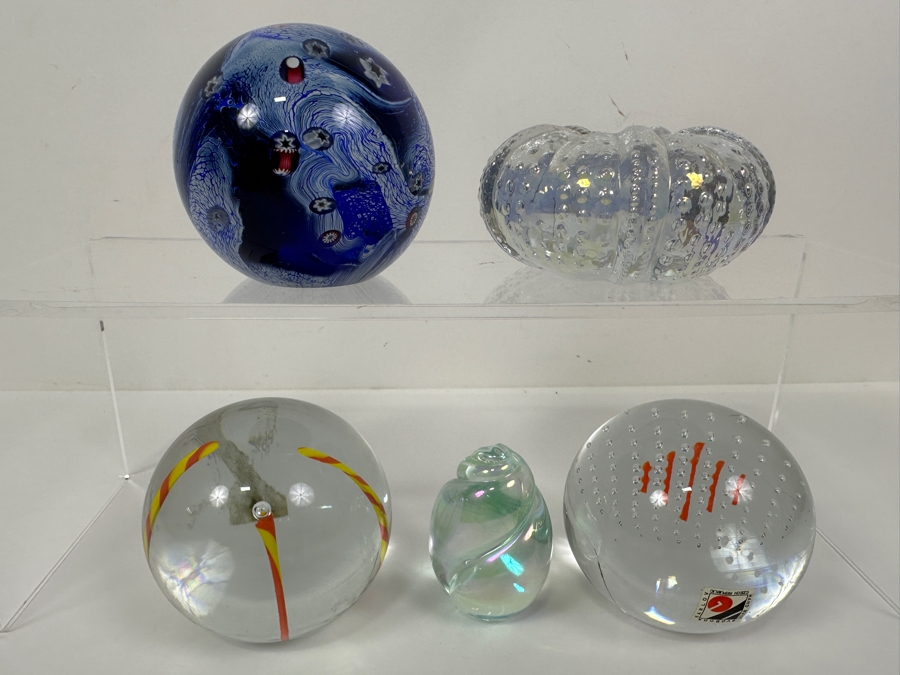 (5) Art Glass Paperweights Including Two Svoboda Czech Republic Karlov Paperweights