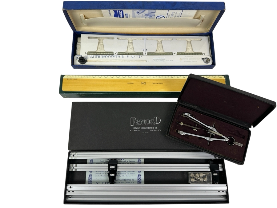 New Ferance Construction Co. Drafting Tool Beam, New K&E Keuffel & Esser Co. Paragon Ruler, Acu-Arc Ruler & Alteneder 612 Protractor Tool