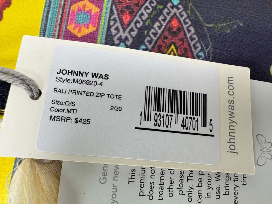  New Johnny Was Bali Printed Multicolor Zip Tote 14'W x 6'D x 12'H Retails $425 [Photo 5]