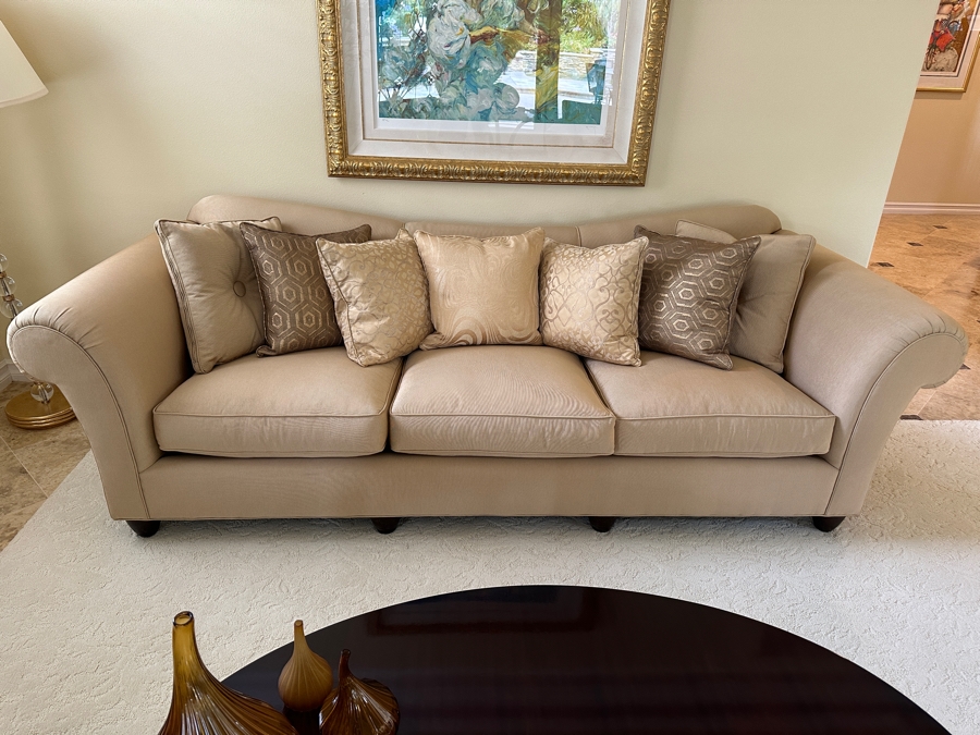Barbara Barry By Baker Furniture Sofa Coach With Bergamo Fabric And Seven Throw Pillows 109'W X 40'D X 34'H Retails $5,900
