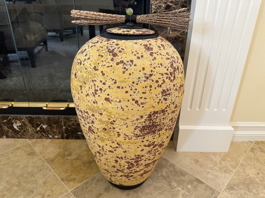Large Raku Pottery Vase Jar With Lid 24'H